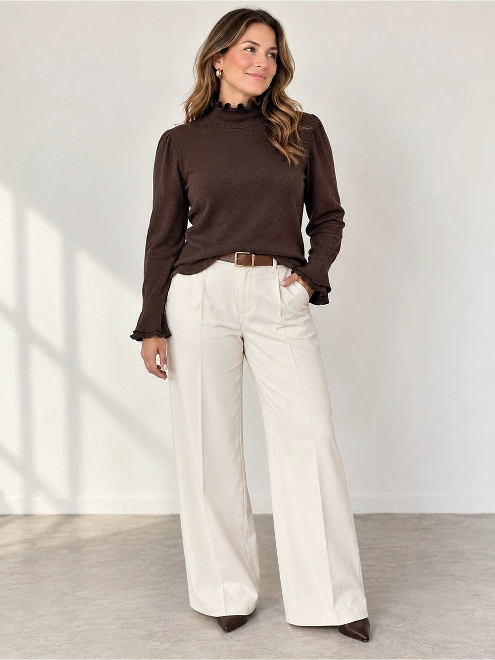 ETCETERA Silk Cashmere Ruffle Mock Neck Sweater Brown Size L